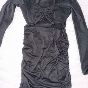 Sleek Black Ruched Long-Sleeve Dress